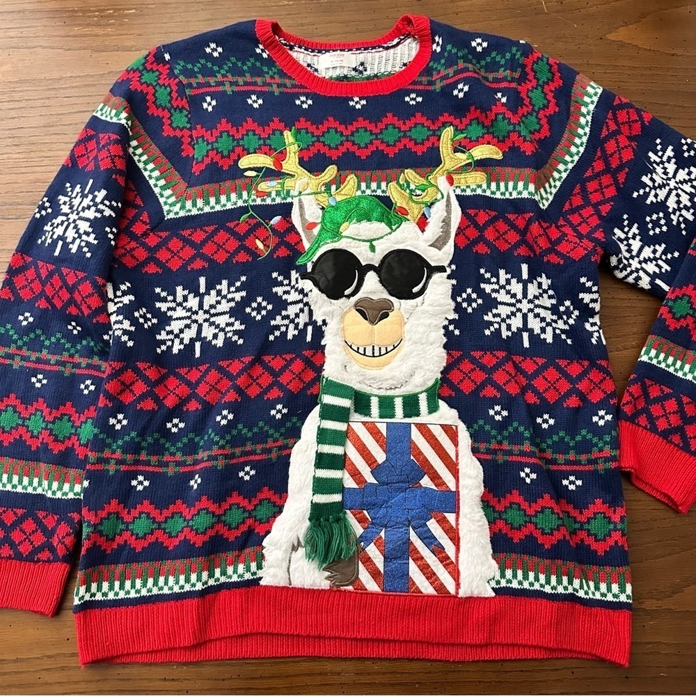 Holiday Time cool llama ugly Christmas Sweater XL